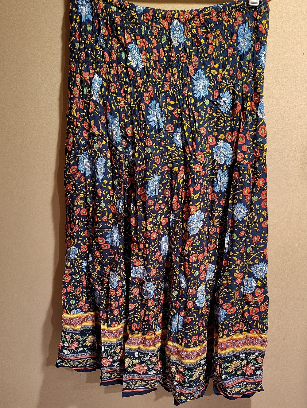 Fashion Size L Floral Bohemian Maxi Smocked Skirt Navy Blue Pink Flowers WM